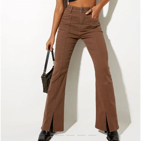 Motel Rocks Women S Denim Flare Split‎ Seam Rich Brown Boho Front Pockets Jeans - Picture 1 of 16
